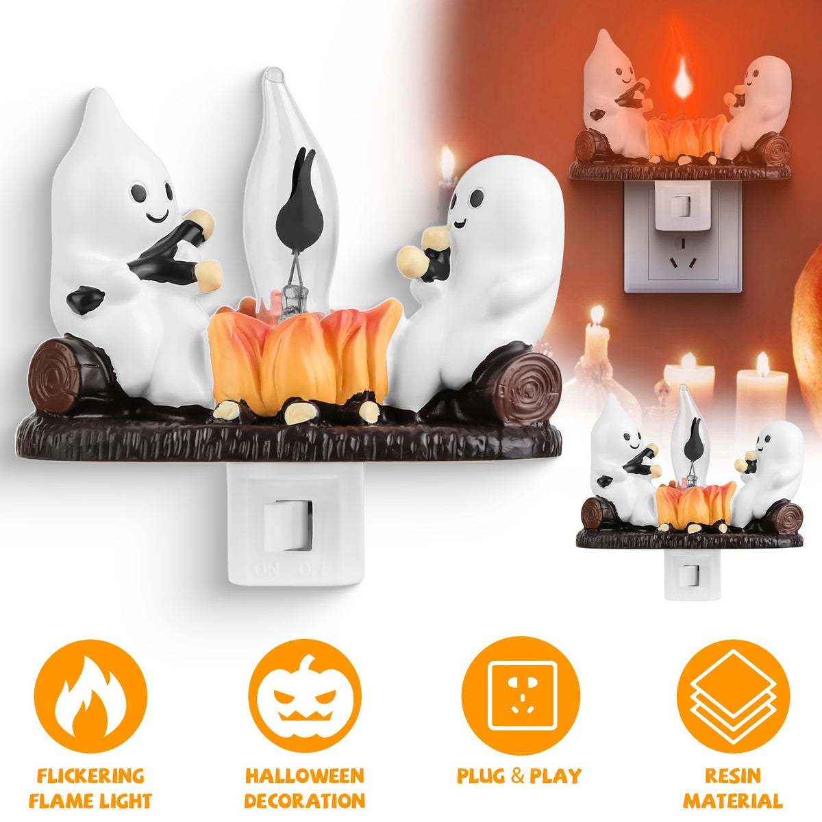 2Pcs Ghost Campfire Flickering Halloween Night Light for Bedroom & Gift