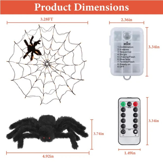 1Pc 3.28ft Halloween Spider Web Light with Realistic Hairy Spider