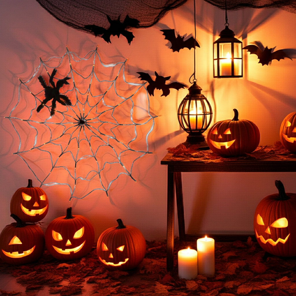 1Pc 3.28ft Halloween Spider Web Light with Realistic Hairy Spider