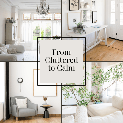 Bright minimalist home interior collage showing organized living room bedroom and workspace with neutral tones representing home organization and storage inspiration