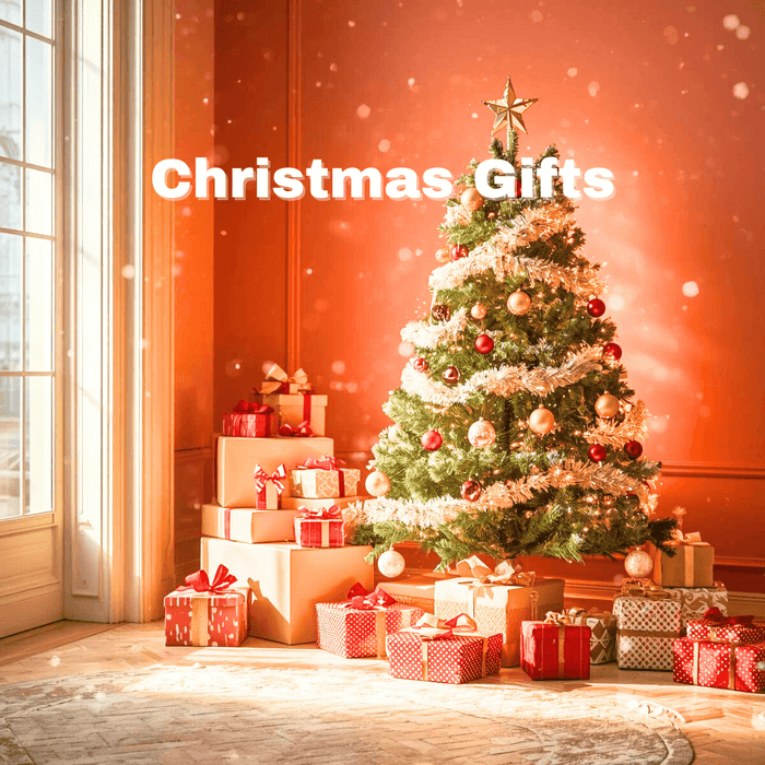 Decorated Christmas tree with gold and red ornaments, surrounded by wrapped gifts in a warmly lit room