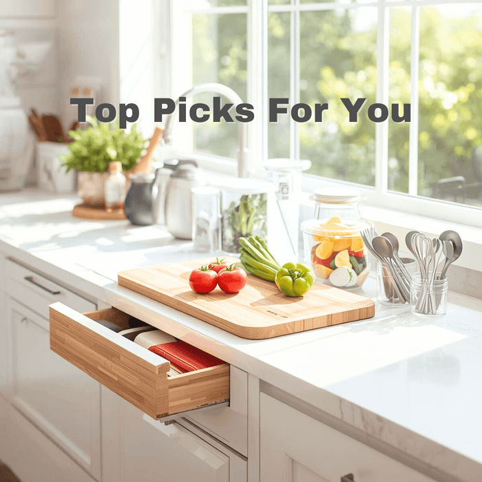 Bright modern kitchen counter with cutting board, fresh vegetables, open drawer, and utensils near window