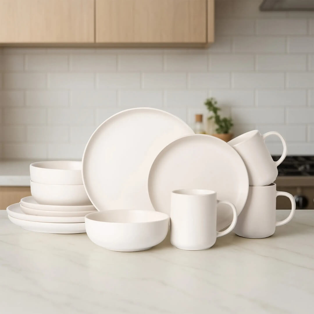 Full 12-piece off-white matte stoneware dinnerware set arranged on white marble kitchen counter with wood cabinetry background