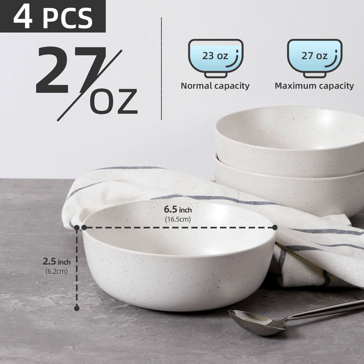 White speckled ceramic bowl showing 6.5 inch diameter and 2.5 inch height with size diagram, three bowls stacked behind on grey surface