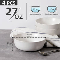 White speckled ceramic bowl showing 6.5 inch diameter and 2.5 inch height with size diagram, three bowls stacked behind on grey surface