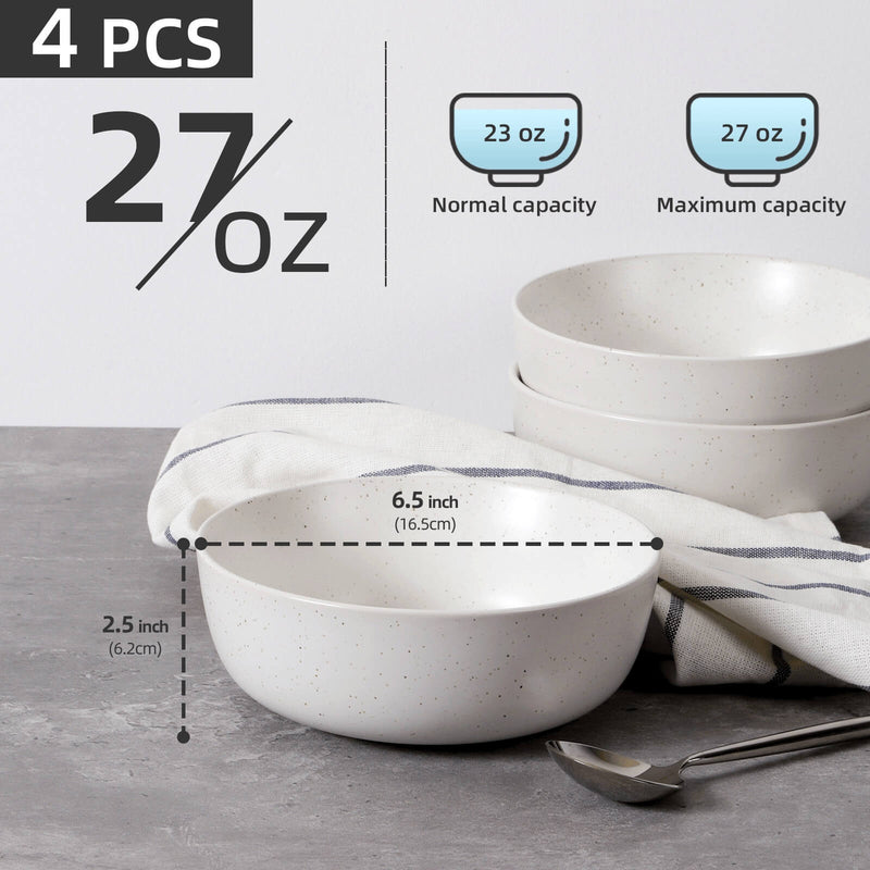 White speckled ceramic bowl showing 6.5 inch diameter and 2.5 inch height with size diagram, three bowls stacked behind on grey surface