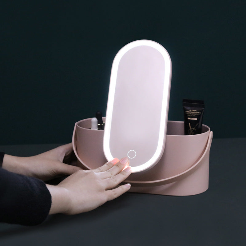 Portable LED Desk Cosmetic Mirror Organizer with Light/便攜式 LED 桌面化妝鏡收納盒.