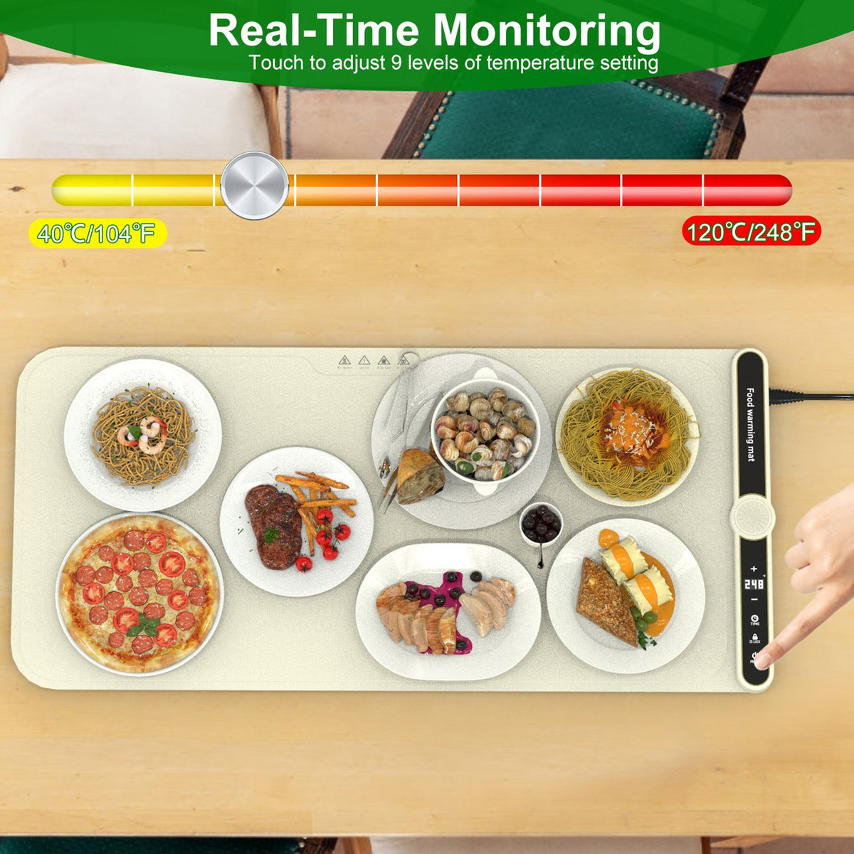 2 Size Optional Silicone Food Warming Mat With 9 Temperature Levels 6Hrs Timer Child Lock Auto Shut Off Roll-Up Electric Warming Tray For Party Buffet Gathering Daily Use 8S Fast And Even Heating