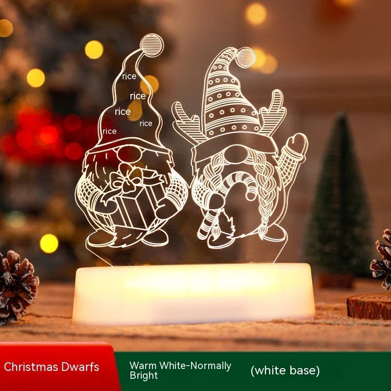 LED Christmas dwarfs decoration with light-up acrylic figures holding gifts and candy canes on white base