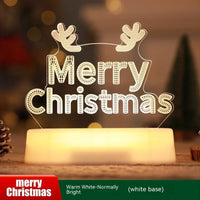 Illuminated Merry Christmas acrylic LED sign with reindeer antlers on white base