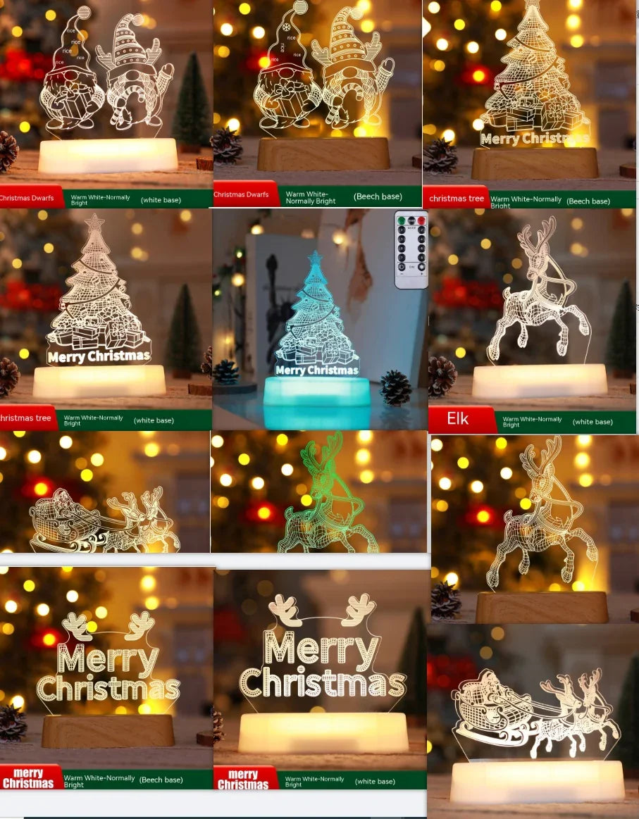 Christmas-themed 3D LED night lights featuring gnomes, Christmas tree, elk, and Merry Christmas signs on wood bases