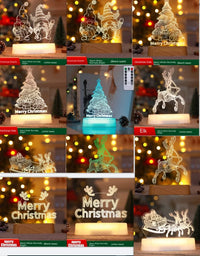 Christmas-themed 3D LED night lights featuring gnomes, Christmas tree, elk, and Merry Christmas signs on wood bases