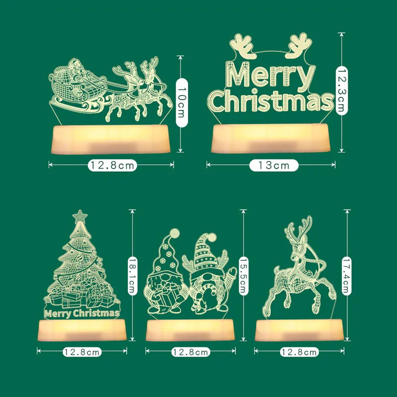 Five illuminated Christmas LED decorations including Santa sleigh, Merry Christmas sign, Christmas tree, two gnomes, and reindeer with size details