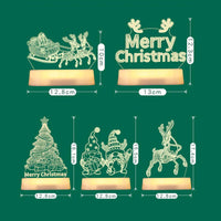 Five illuminated Christmas LED decorations including Santa sleigh, Merry Christmas sign, Christmas tree, two gnomes, and reindeer with size details