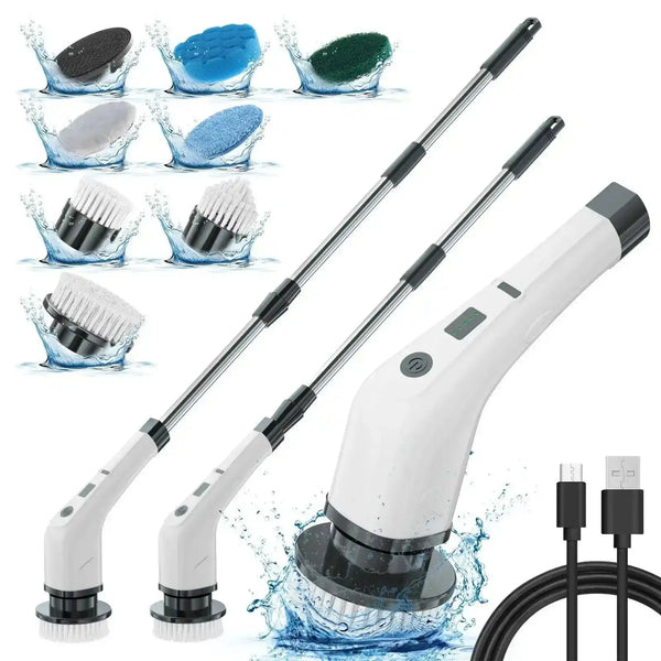 Electric cleaning brush showing multiple brush heads, size details, and USB charging feature