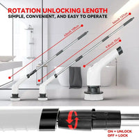 Electric cleaning brush showing length options and how to attach or change the extendable handle