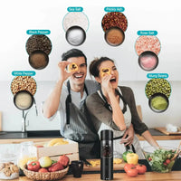 Electric salt and pepper grinder demonstrated by a man and a woman, suitable for grinding various spices and seasonings