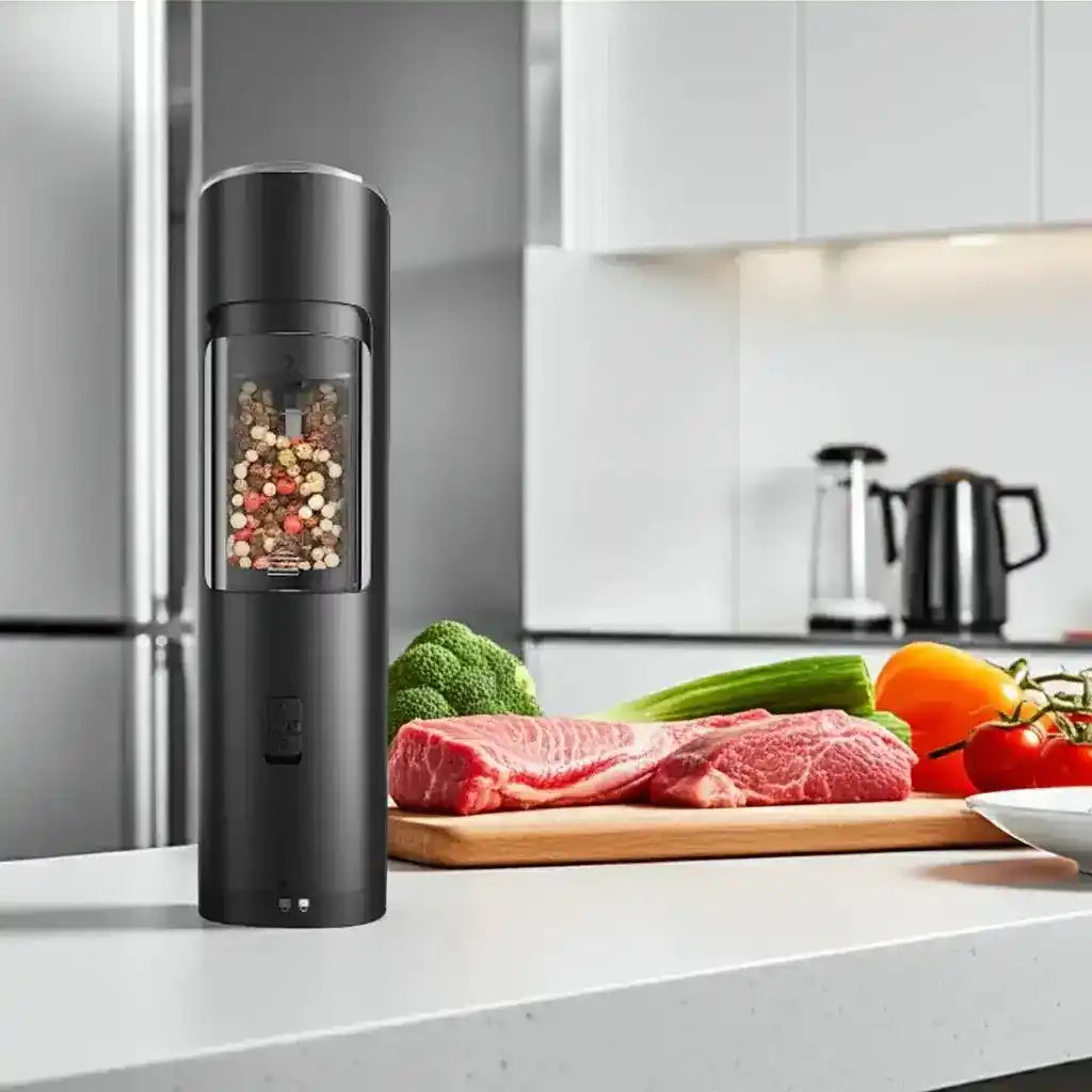 Electric salt and pepper grinder placed on kitchen table with ingredients nearby