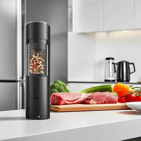 Electric salt and pepper grinder placed on kitchen table with ingredients nearby