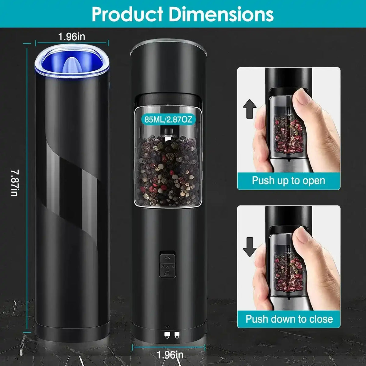Electric salt and pepper grinder showing dimensions and switch operation