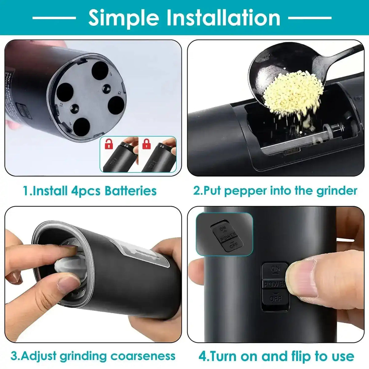 Electric salt and pepper grinder showing battery installation and adding spices for use