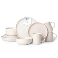 Complete 12-piece off-white matte stoneware set including dinner plates, salad plates, cereal bowls and mugs arranged on white background