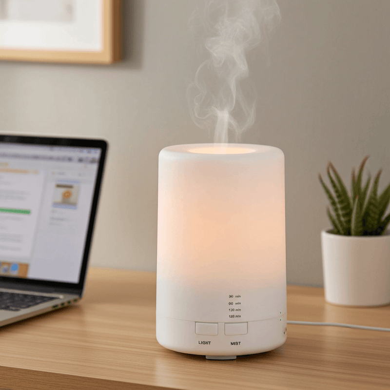 White mini aroma diffuser with warm amber LED glow and visible mist on a light wood desk, with an open laptop showing a work screen, a white pot succulent, and soft warm wall lighting in a cozy home office setting.