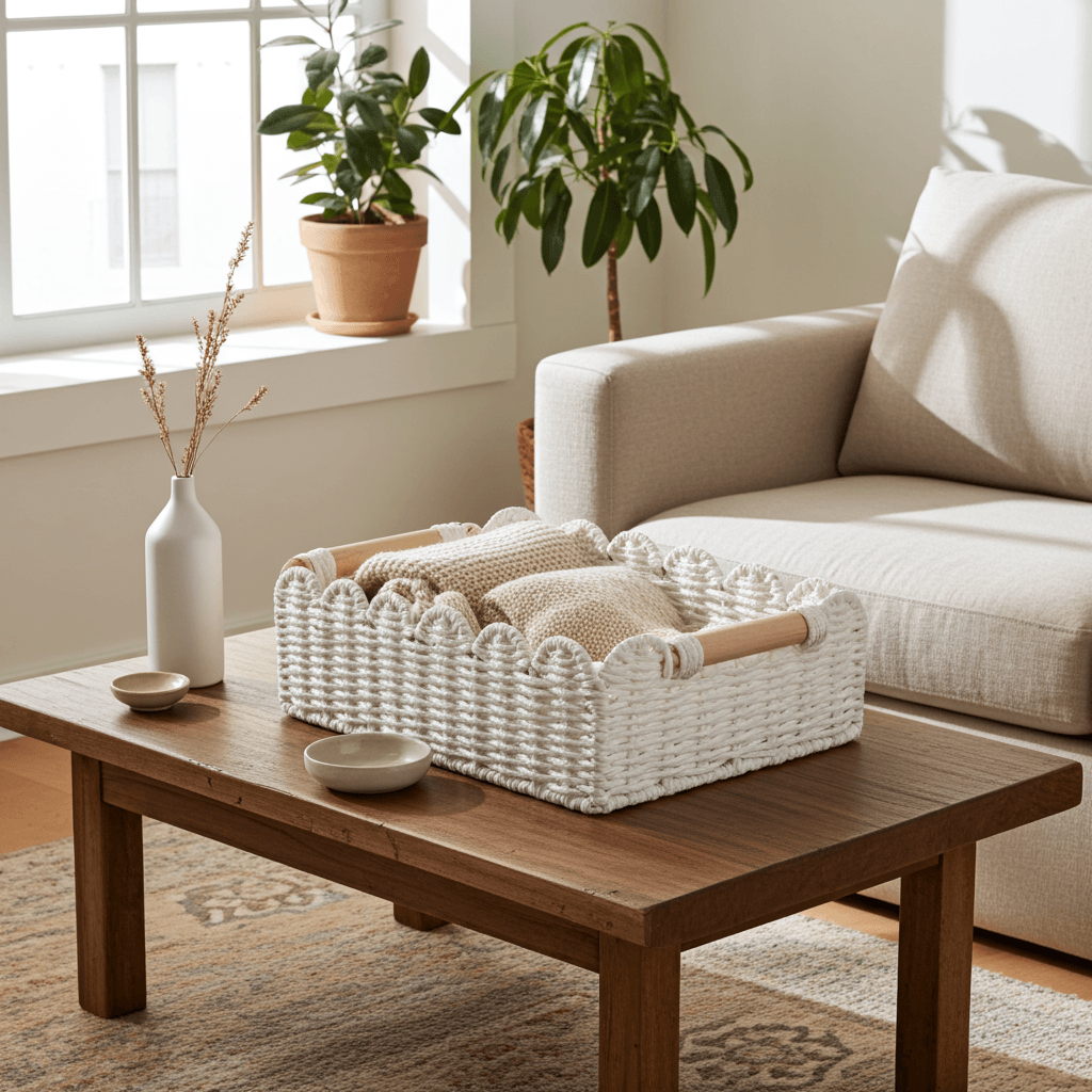 White paper rope woven storage basket with wood handles holding folded knit throws, placed on a wood coffee table near a beige sofa, with potted plants by the window, a white ceramic vase with dried flowers, and small ceramic dishes on the table, bright natural daylight.
