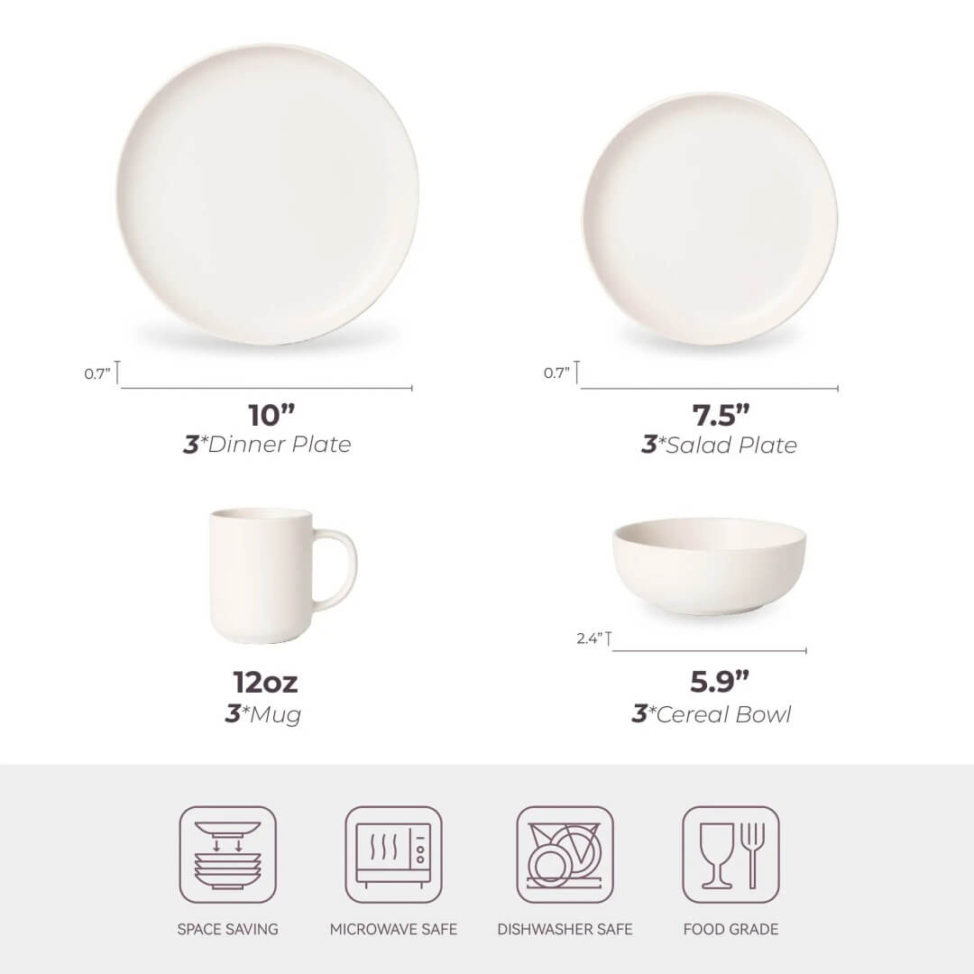 Size chart showing 10 inch dinner plate, 7.5 inch salad plate, 12oz mug and 5.9 inch cereal bowl with measurements, microwave safe dishwasher safe and food grade icons below