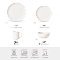 Size chart showing 10 inch dinner plate, 7.5 inch salad plate, 12oz mug and 5.9 inch cereal bowl with measurements, microwave safe dishwasher safe and food grade icons below