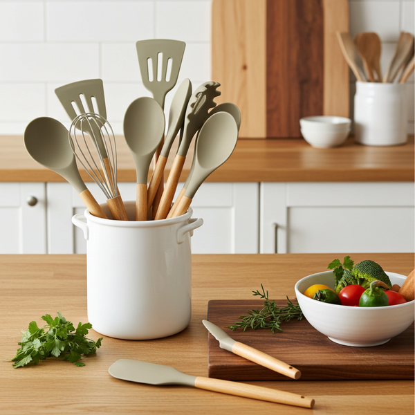12 Pcs Silicone Cooking Utensil Set with Wooden Handles, Khaki
