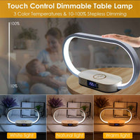 Dimmable bedside touch lamp showing three color temperatures white natural and warm light with stepless 10 to 100 percent dimming