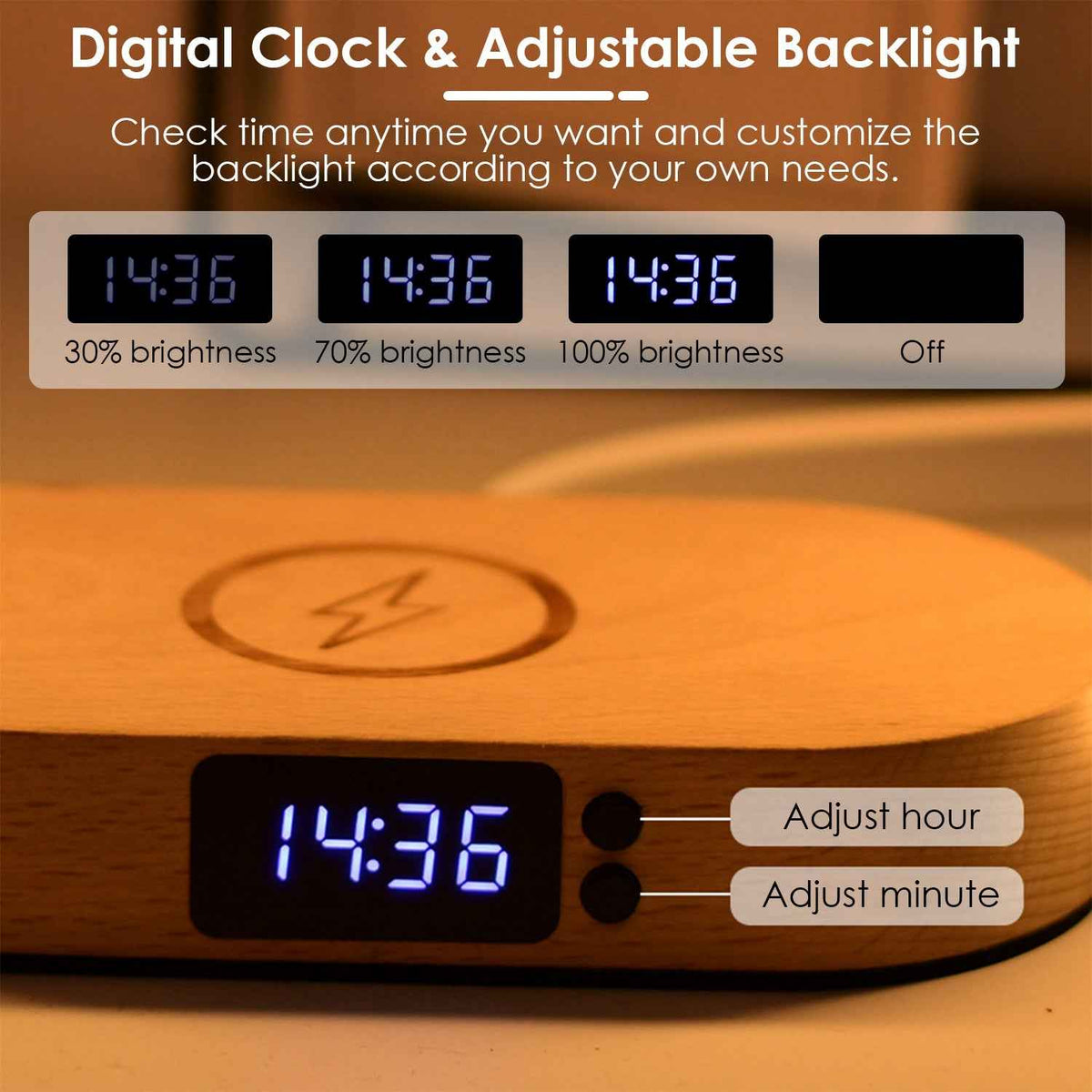 Touch control bedside lamp digital clock with adjustable backlight at 30 70 and 100 percent brightness settings