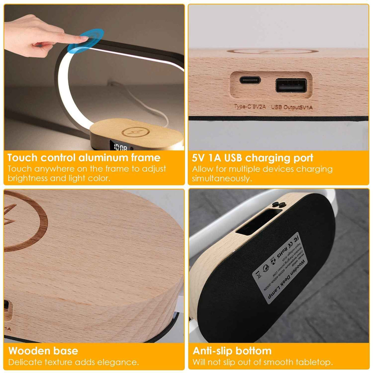 Bedside wireless charging lamp close-up showing touch control aluminum frame wooden base USB-C port and 5V 1A USB charging port