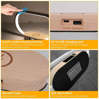 Bedside wireless charging lamp close-up showing touch control aluminum frame wooden base USB-C port and 5V 1A USB charging port