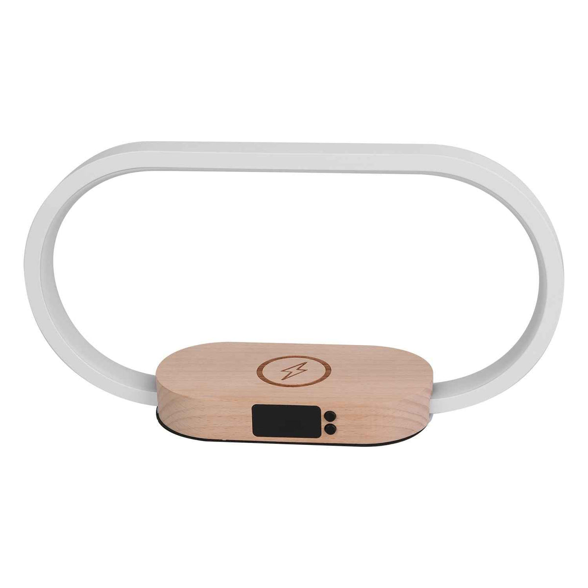 White minimalist bedside touch lamp with wooden wireless charging base and digital clock display on white background