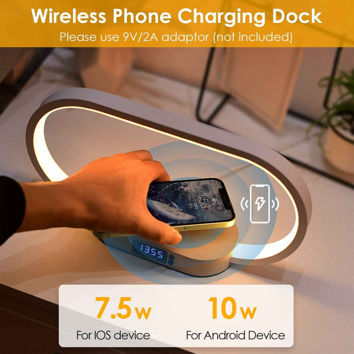 Bedside touch lamp wireless charging dock showing 7.5W for iOS and 10W for Android devices with digital clock display