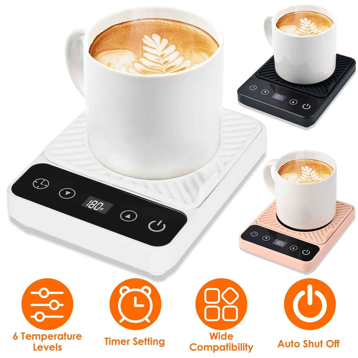 Smart cup warmer available in white black and pink with 6-level temp control timer setting wide compatibility and auto shut-off feature