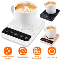 Smart cup warmer available in white black and pink with 6-level temp control timer setting wide compatibility and auto shut-off feature