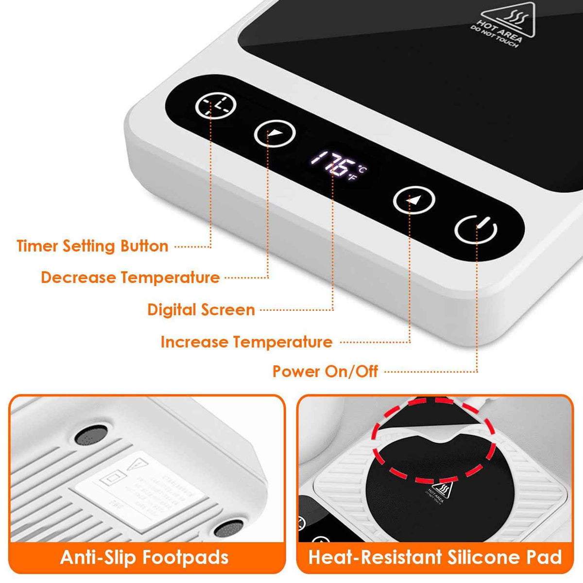 Coffee mug warmer close-up showing digital display timer button temperature controls anti-slip footpads and heat-resistant silicone pad