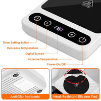 Coffee mug warmer close-up showing digital display timer button temperature controls anti-slip footpads and heat-resistant silicone pad