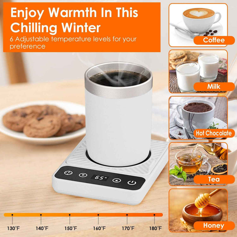Electric desktop mug warmer with 6 temperature levels from 130°F to 180°F keeping coffee tea and hot chocolate warm