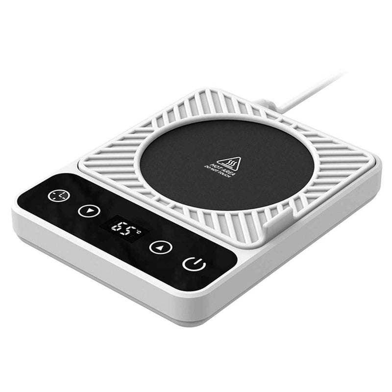 White electric desktop coffee mug warmer with digital display and precision 6-level heat control for desk use