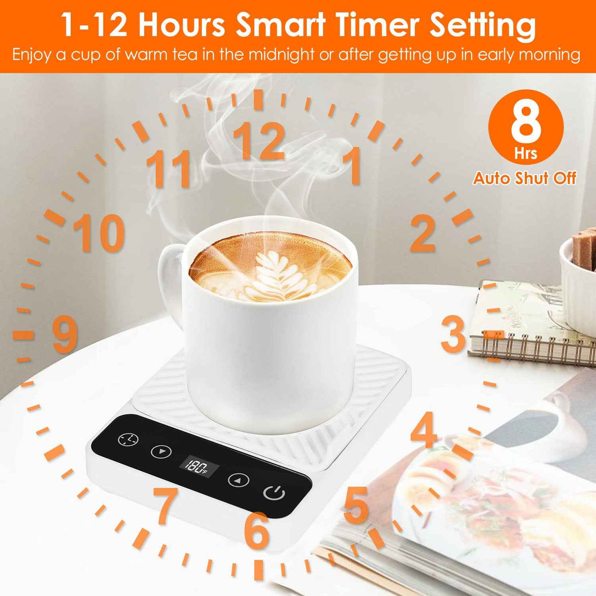 Desktop beverage heater with 1-12 hour smart timer setting and 8-hour auto shut-off for coffee and tea