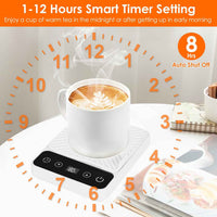 Desktop beverage heater with 1-12 hour smart timer setting and 8-hour auto shut-off for coffee and tea
