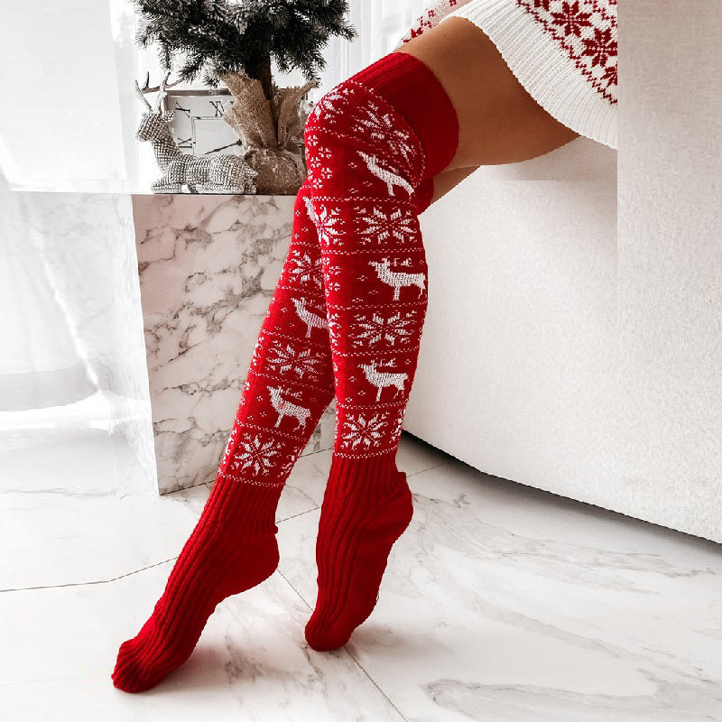 Christmas Knitted Elk Snowflake Over-the-Knee Socks for Women/聖誕麋鹿雪花針織過膝襪(女用)