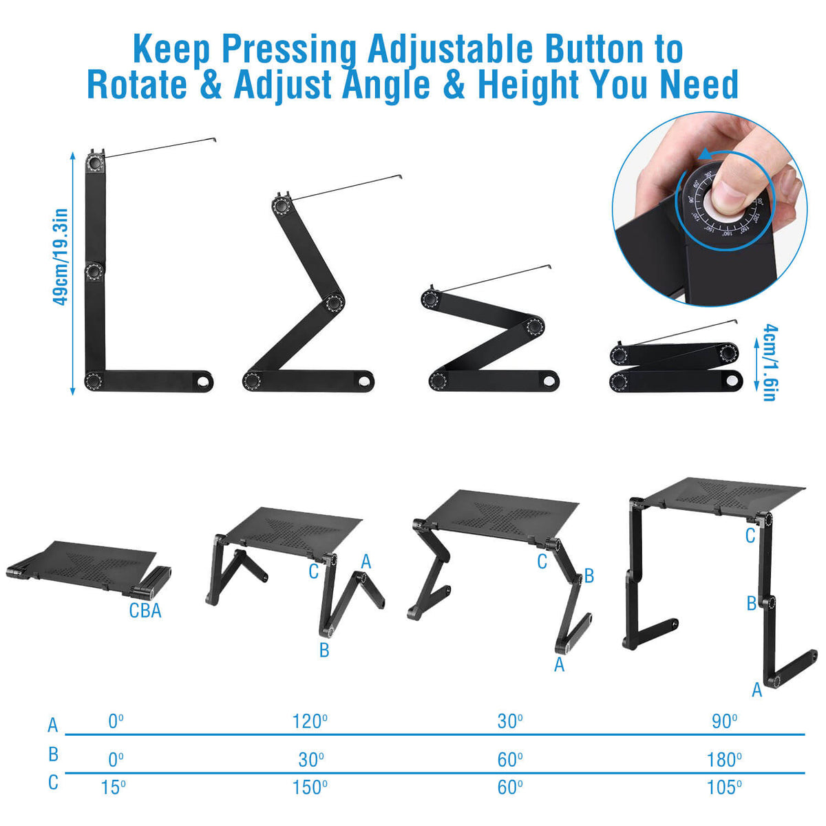 Diagram showing multiple leg angle configurations for foldable laptop table from flat to upright