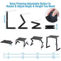 Diagram showing multiple leg angle configurations for foldable laptop table from flat to upright