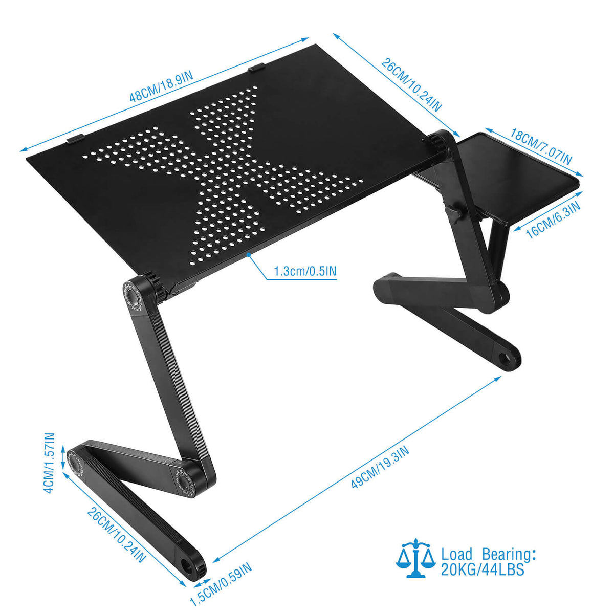 Full dimensions diagram of foldable laptop table 48x26cm with mouse board and 20kg load bearing