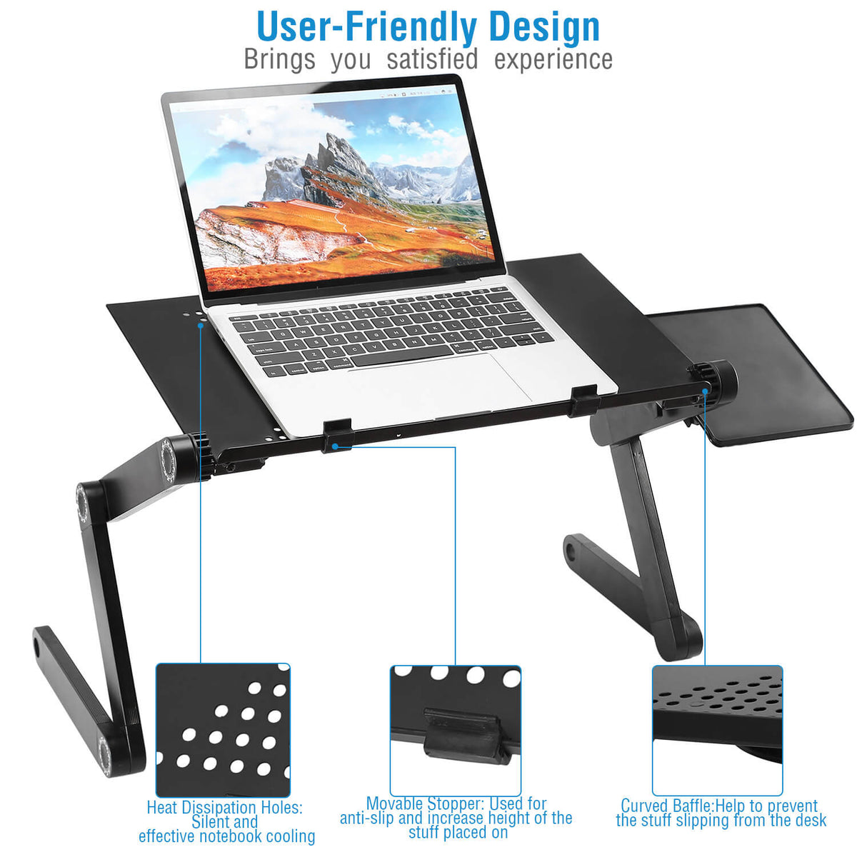 Close-up of heat dissipation holes, movable stopper, and curved baffle on foldable laptop table